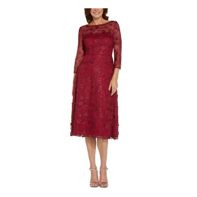 ADRIANNA PAPELL Womens Red Sequined Sheer Zippered Lined 3/4 Sleeve Boat Neck Below The Knee Evening Fit + Flare Dress 0 