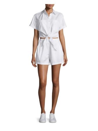 T ALEXANDER WANG Womens White Pocketed Tie Front Elastic Waist Shorts Short  Sleeve Collared Button Up Romper 0