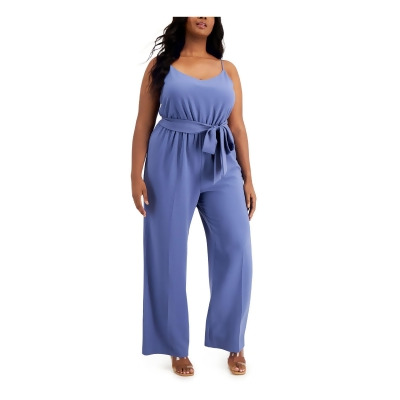 BAR III Womens Blue Stretch Zippered Belted Spaghetti Strap V Neck Wide Leg Jumpsuit Plus 1X 