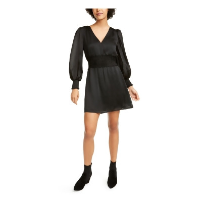 LEYDEN Womens Black Satin Smocked Long Sleeve V Neck Short Cocktail Fit + Flare Dress Juniors XL 