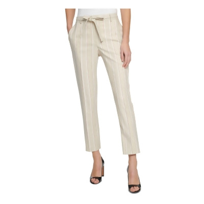 DKNY Womens Beige Stretch Pocketed Zippered Tie-waist Ankle Mid-rise Pinstripe Wear To Work Straight leg Pants 2 