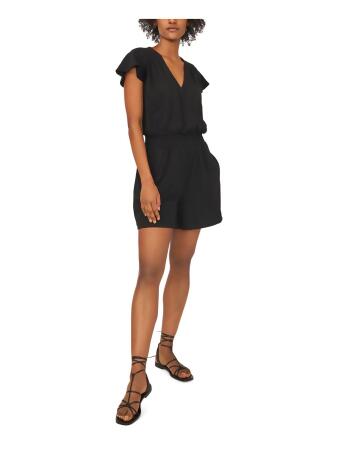 RILEY&RAE Womens Black Stretch Pocketed Smocked Flutter Sleeve Surplice Neckline Romper XS 
