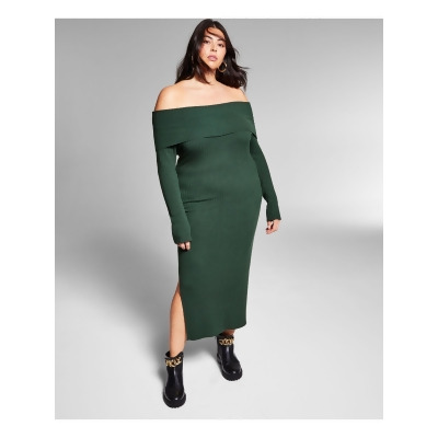 INC Womens Green Stretch Ribbed Lined Long Sleeve Off Shoulder Maxi Party Sheath Dress Plus 3X 