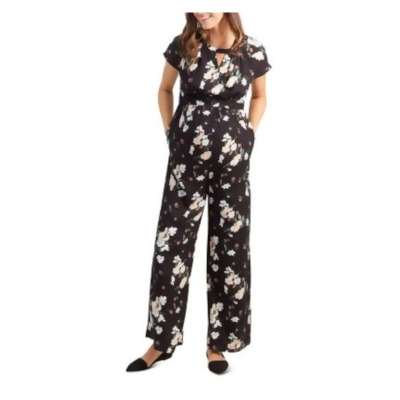 INGRID & ISABEL Womens Black Pleated Zippered Floral Short Sleeve Keyhole Wear To Work Wide Leg Jumpsuit Maternity XL 