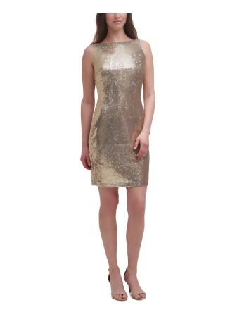 VINCE CAMUTO Womens Gold Sequined Zippered Sleeveless Boat Neck Short Party  Sheath Dress 8