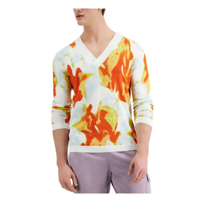 INC Mens White Printed V Neck Classic Fit Stretch Pullover Sweater XL 