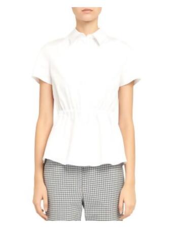 THEORY Womens White Stretch Short Sleeve Collared Peplum Top Petites P