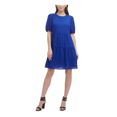 DKNY Womens Blue Textured Sheer Lined Short Sleeve Jewel Neck Short Evening Shift Dress 6 