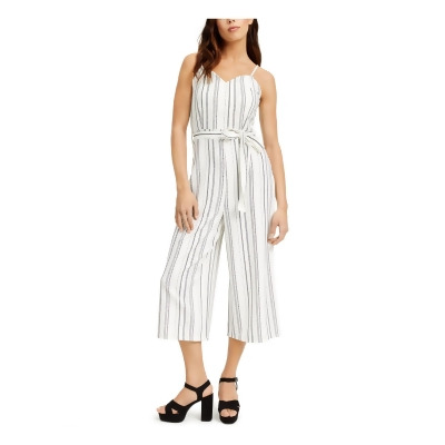 CRAVE FAME Womens Ivory Belted Striped Spaghetti Strap Sweetheart Neckline Wide Leg Jumpsuit Juniors XS 