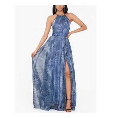 BETSY & ADAM Womens Blue Zippered Slitted Printed Sleeveless Halter Full-Length Cocktail Gown Dress 6 
