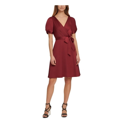 DKNY Womens Maroon Belted Zippered Pouf Sleeve Surplice Neckline Above The Knee Evening Fit + Flare Dress 4 