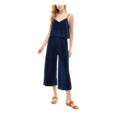 KINGSTON GREY Womens Navy Textured Popover Adjustable Straps Spaghetti Strap V Neck Cropped Jumpsuit Juniors XL 