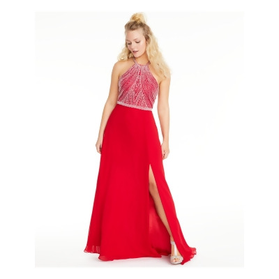 B DARLIN Womens Red Embellished Beaded Sleeveless Halter Full-Length Prom Fit + Flare Dress Juniors 9\10 