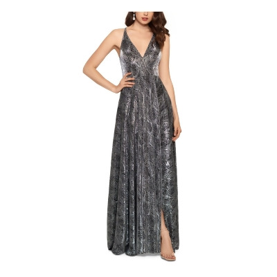 BETSY & ADAM Womens Silver Zippered Slitted Metallic Gown Animal Print Spaghetti Strap V Neck Full-Length Formal Fit + Flare Dress 6 