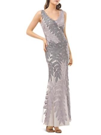 JS COLLECTION Womens Gray Textured Zippered Patterned Sleeveless V Neck  Full-Length Formal Sheath Dress 10