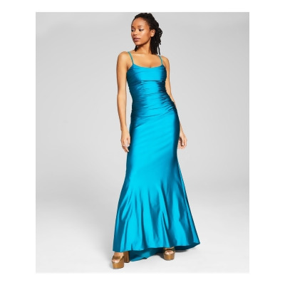 BLONDIE NITES Womens Teal Zippered Ruched Crisscross Strappy Satin Spaghetti Strap Scoop Neck Full-Length Evening Gown Dress Juniors 17 