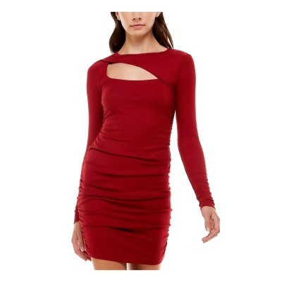 ULTRA FLIRT Womens Red Stretch Cut Out Ribbed Ruched Long Sleeve Crew Neck Short Cocktail Body Con Dress Juniors XXL 