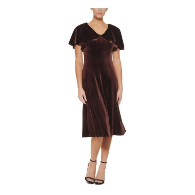DKNY Womens Brown Zippered Unlined Cape Silhouette Sleeveless V Neck Midi Cocktail Shift Dress 4 
