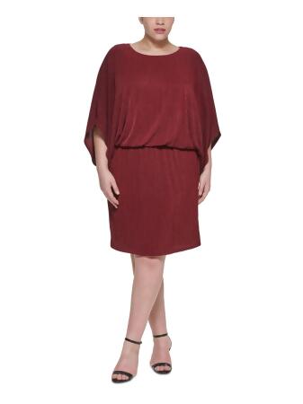 JESSICA HOWARD Womens Maroon Stretch Metallic 3/4 Sleeve Round Neck Knee  Length Evening Blouson Dress Plus 22W