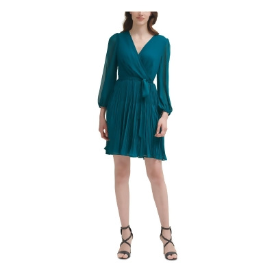 DKNY Womens Teal Tie Zippered Balloon Sleeve Surplice Neckline Above The Knee Cocktail Knife Pleated Dress 14 