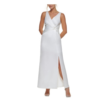 DKNY Womens Ivory Ruched Zippered Knotted Front Slitted Sleeveless Surplice Neckline Full-Length Formal Gown Dress 10 