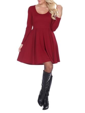 WHITE MARK Womens Burgundy Stretch Textured Pleated Long Sleeve Scoop Neck  Short Fit + Flare Dress L