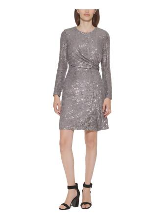 CALVIN KLEIN Womens Silver Sequined Zippered Lined Gathered Waist Long  Sleeve Round Neck Above The Knee Party Sheath Dress 4