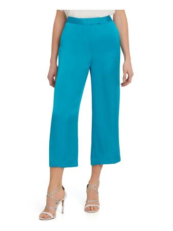 DKNY Womens Turquoise Zippered Pocketed Satin Cropped Wear To Work Wide Leg  Pants 0