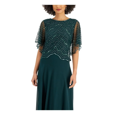 JKARA Womens Green Beaded Sequined Sheer Lined Flutter Sleeve Round Neck Full-Length Evening Gown Dress 18 