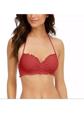 SUNDAZED Women's Red Stretch Ruffled Tie Lined Molded Cup Sweetheart Neck  Nixie Halter Swimsuit Top 32B