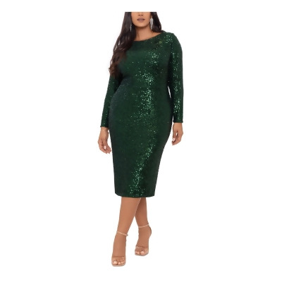 XSCAPE Womens Green Sequined Zippered Slitted Long Sleeve Round Neck Midi Evening Body Con Dress 10 