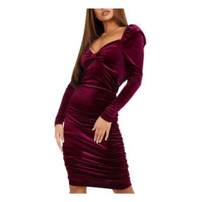 QUIZ Womens Burgundy Ruched Velvet Puff-shoulder Long Sleeve Sweetheart  Neckline Above The Knee Party Body Con Dress Juniors 12