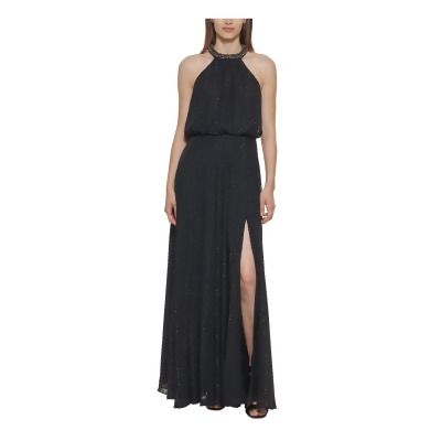 CALVIN KLEIN Womens Black Embellished Zippered Thigh High Slit Sleeveless Halter Full-Length Formal Gown Dress 10 