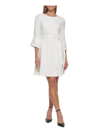 DKNY Womens White Ruffled Belted Zippered Bell Sleeve Jewel Neck Knee  Length Party A-Line Dress 2