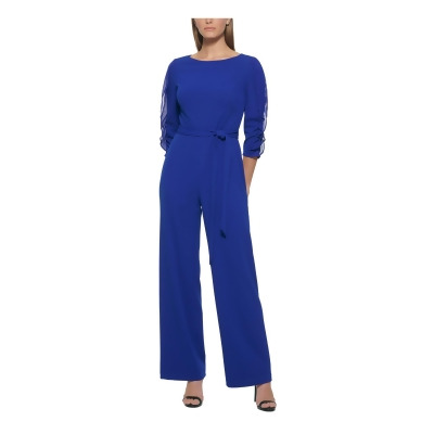 DKNY Womens Blue Tie Sheer 3/4 Sleeve Round Neck Wear To Work Straight leg Jumpsuit 10 