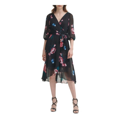 DKNY Womens Black Belted Zippered Gathered Lined Floral 3/4 Sleeve Surplice Neckline Below The Knee Evening Wrap Dress 2 
