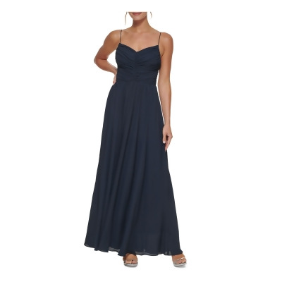 DKNY Womens Navy Ruched Zippered Lined Spaghetti Strap V Neck Full-Length Formal Gown Dress 6 
