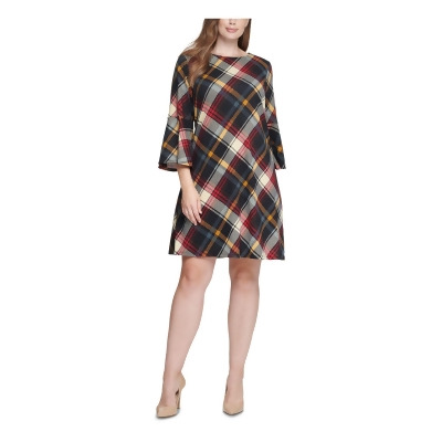 JESSICA HOWARD Womens Red Zippered Plaid Bell Sleeve Round Neck Short Party A-Line Dress 3X 