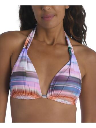 LA BLANCA Women's Purple Striped Stretch Fixed Cups Lined Shirred Tie Ocean Tides Halter Swimsuit Top 16 