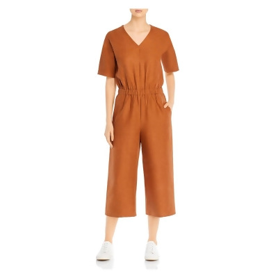 EILEEN FISHER Womens Brown Pocketed Cropped Short Sleeve V Neck Wide Leg Jumpsuit XL 