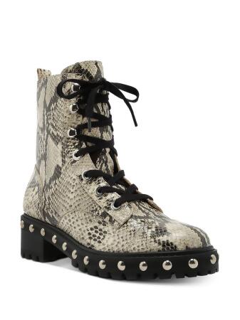  Schutz Womens Andrea Snake Print Lug Sole Combat Boots |  Mid-Calf
