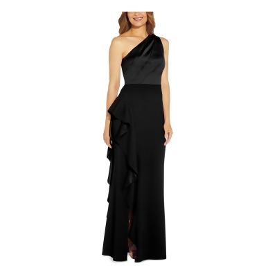 ADRIANNA PAPELL Womens Black Zippered Fitted Satin Cascading Side Ruffle Sleeveless Asymmetrical Neckline Full-Length Evening Gown Dress 14 