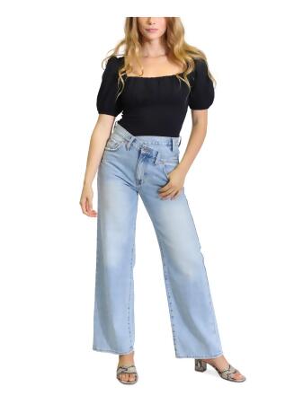 KIT + SKY Womens Black Gathered Snap Button Closure Pouf Sleeve Square Neck Body Suit Top XS 