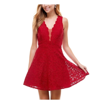 CITY STUDIO Womens Red Lace Glitter Zippered Lined Sleeveless V Neck Mini Evening Fit + Flare Dress Juniors 0 