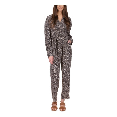 MICHAEL KORS Womens Black Lace Textured Tie Belt Pocketed Printed Long Sleeve Button Up Straight leg Jumpsuit XL 