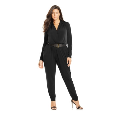 MICHAEL KORS Womens Black Belted Pocketed Ruched Elastic Waist Long Sleeve V Neck Straight leg Jumpsuit Plus 0X 