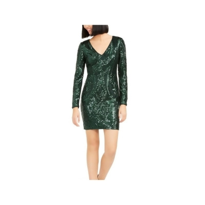 MARCIANO Womens Green Sequined Zippered Long Sleeve V Neck Short Cocktail Body Con Dress 4 