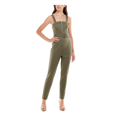 ALMOST FAMOUS Womens Green Belted Zippered Sleeveless Square Neck Skinny Jumpsuit Juniors M 