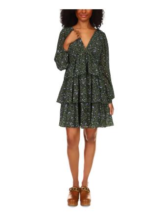 MICHAEL KORS Womens Black Zippered Ruffled Tiered Skirt Lined Floral Long Sleeve V Neck Short Wear To Work Fit + Flare Dress L 