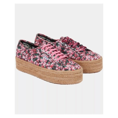 SUPERGA Womens Pink Floral Design Flatform Woven Limited Edition Mary Katrantzou Almond Toe Lace-Up Espadrille Shoes 7.5 